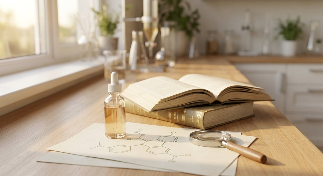 A clear supplement bottle rests on a laboratory bench beside open scientific journals and a magnifying glass, bathed in warm natural light.