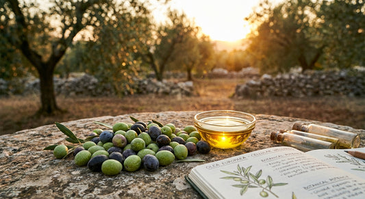 Fresh olives and golden olive oil on a sunlit stone surface in a Mediterranean grove, evoking the natural origins of hydroxytyrosol and its health benefits.