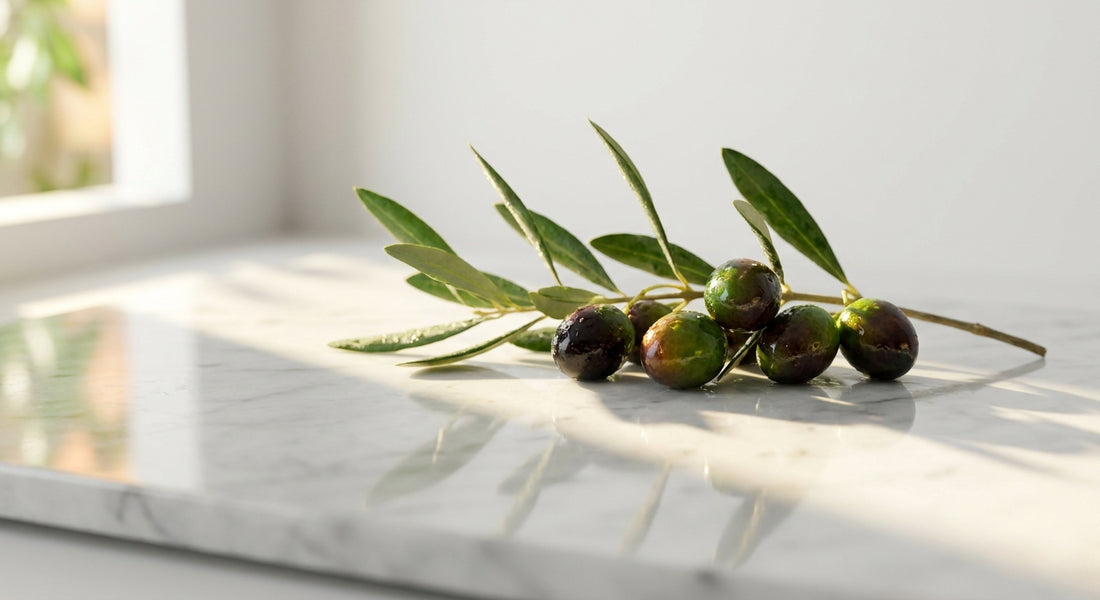 A close-up of a fresh olive branch with ripe green and dark olives resting on white marble, lit by soft natural light.