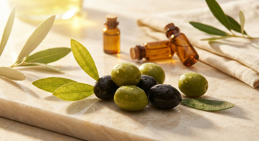 Fresh green and black olives with olive leaves arranged on a stone surface bathed in warm golden light, evoking natural energy and cellular vitality.