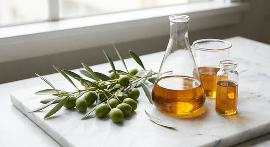 Fresh olive branch with green olives resting alongside minimalist glass laboratory vessels filled with golden liquid on a white marble surface.