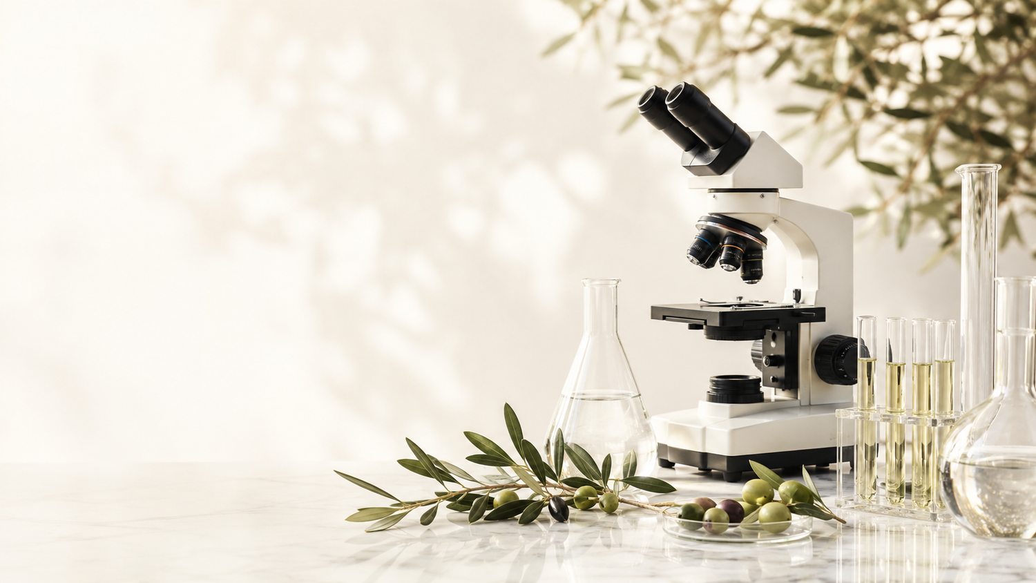 A white and black scientific microscope on a marble tabletop, surrounded by glass beakers, test tubes, and olive branches with olives, set against a softly lit background with leafy shadows.