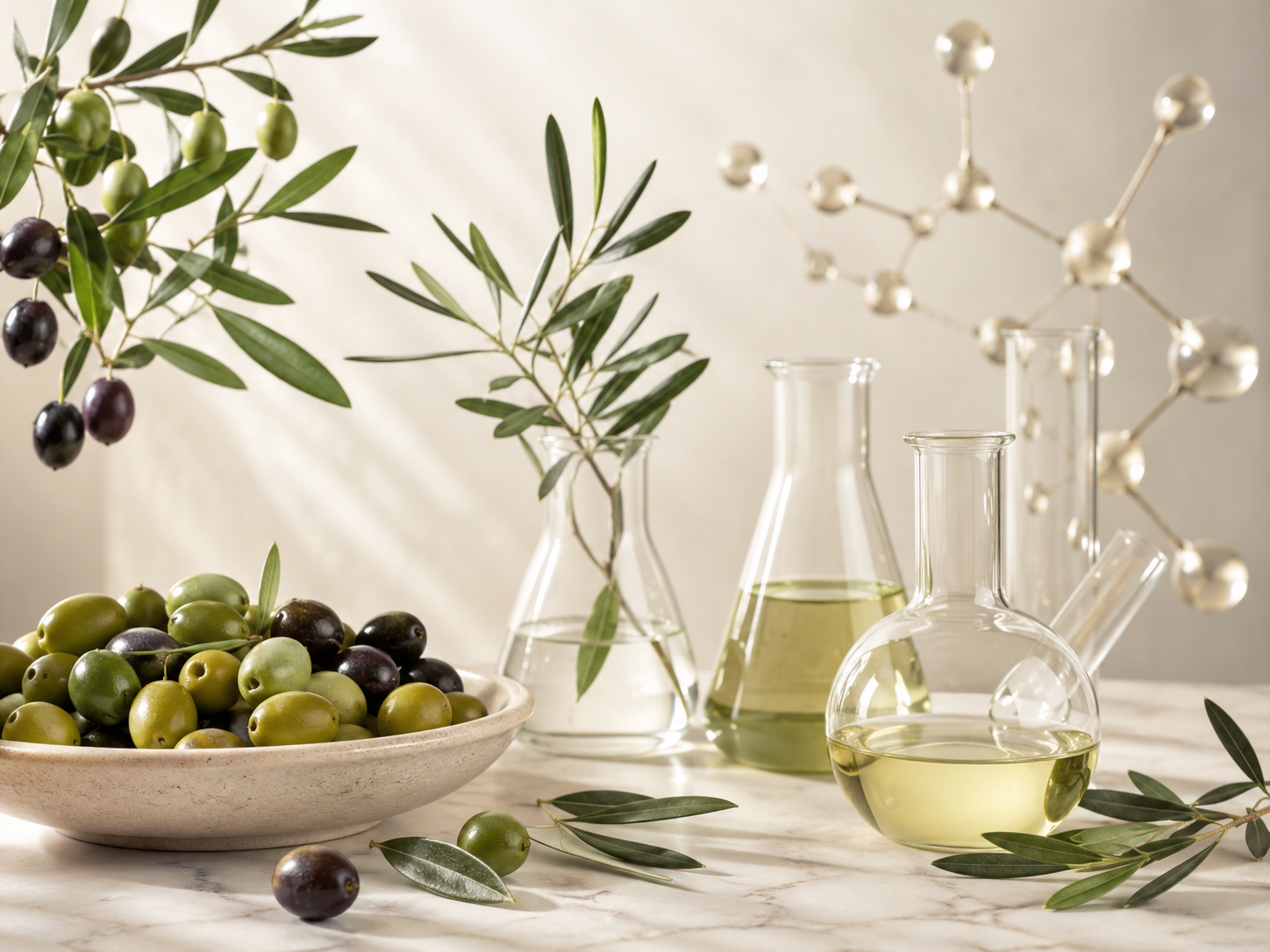 A styled still life featuring a bowl of green and black olives, olive branches, clear glass flasks containing olive oil, and a metallic molecular model against a warm beige background.