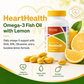 McCord HeartHealth Omega-3 Fish Oil with Lemon supplement bottle, capsules, and oranges on a light background.