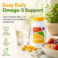 McCord Omega-3 supplement bottle with capsules, glass of water, and bowl of fruit on a light surface.