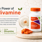 Olivamine supplement bottle with capsules on a wooden surface, featuring text about the product.