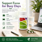 Brain health supplement bottle on a desk with laptop and water glass, text about support for busy days.