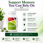 Brain health supplement bottle with text highlighting benefits on a white background