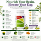 Brain health supplement bottle with key nutrients and benefits listed on a white background.