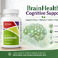 BrainHealth cognitive support supplement bottle with brain graphic and text on a light background