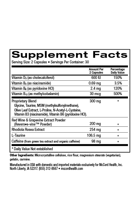 EnergyBoost current Supplement Facts with 98 mg caffeine, 254 mg rhodiola and 200 mg red wine and grapevine extract