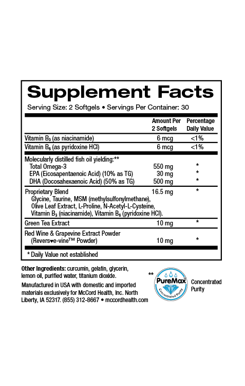 HeartHealth current Supplement Facts label, 2 softgel serving, 30 servings