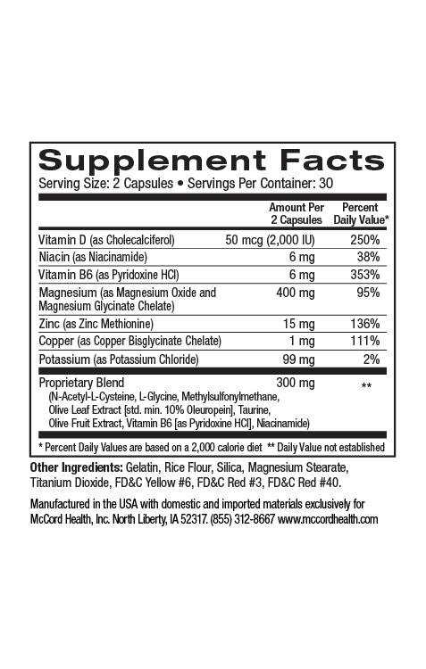 VitalBoost current Supplement Facts label, 2 capsule serving, 30 servings