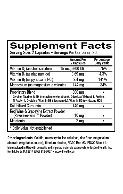 SleepHealth current Supplement Facts with 2 mg melatonin, 144 mg magnesium and 140 mg curcumin