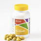Yellow softgels sitting next to white bottle with yellow cap